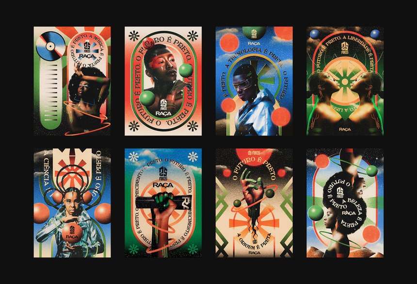 A collage of 8 different print ads